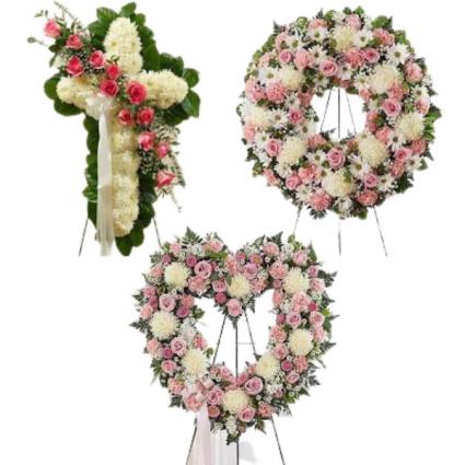 3PC WHITE/PINK CUSTOM PACKAGE WAS $650 NOW $325 HEART, WREATH  AND CROSS