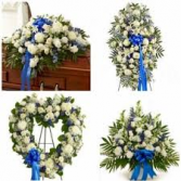 4 PC BLUE AND WHITE " FOR HIM " PACKAGE CASKET, STANDING SPRAY OPEN HEART AND PEDESTAL