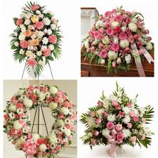 4 PC PINK AND WHITE " FOR HER " FUNERAL PACKAGE STANDING SPRAY, CASKET, WREATH, AND PEDESTAL 