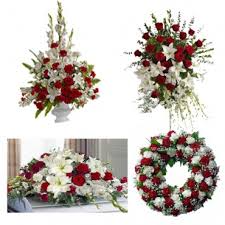 4 PC RED AND WHITE PACKAGE PEDESTAL PIECE, STANDING SPRAY, CASKET, AND WREATH