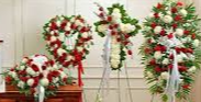 4 PC. RED AND WHITE/LOVING FUNERAL PACKAGE CASKET, OPEN HEART, CROSS, AND STANDING SPRAY