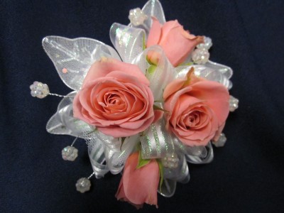 4 Rose Corsage with Shimmering Bling $49.95, Red, Orange, Pink, Hot Pink, Yellow also available
