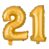 34" 21 GOLD Balloons with weights on each one 2 SETS AVAILABLE FOR 21, WE HAVE FOR AGE  19, AND 11 AS WELL(TELL US IN ADDITIONAL INFORMATION AREA PROVIDED IF YOU WANT 19 INSTEAD OF 21)