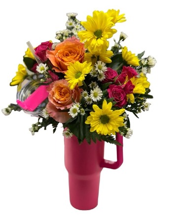 40oz Tumbler with spring mix fresh flowers in Temple, TX | PRECIOUS MEMORIES FLORIST & GIFTS
