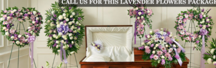 5 PC FAMILY FUNERAL PACKAGE/LAV-WHITES OPEN HEART,STANDING SPRAY, CROSS, CASKET, AND WREATH