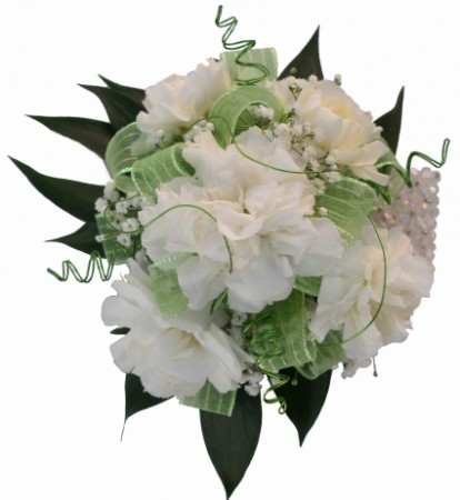 5 white mini carnations, green bow, and wire.  Wrist Corsage