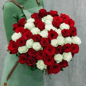 50 white & red roses Hand bouquet