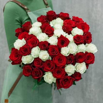 50 white & red roses Hand bouquet