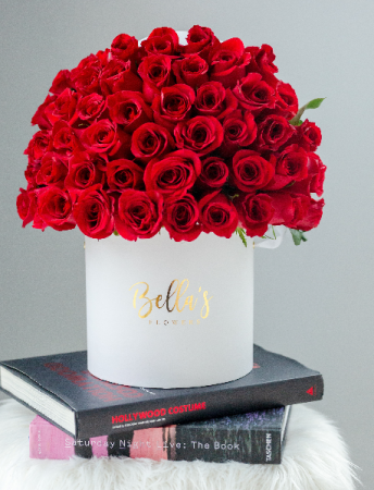 50 FRESH ROSES IN HAT BOX