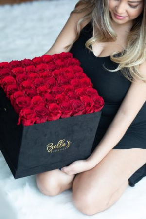 Large Square Suade Hat Box 50 Fresh Roses