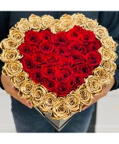 50 Gold & Red Eternity Roses Heart Box