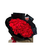 "50  Long stem red roses /The Sweet Explorer"  Wrapped bouquet 