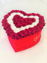 50 Fresh or Year-Long Roses  with velvet red heart box