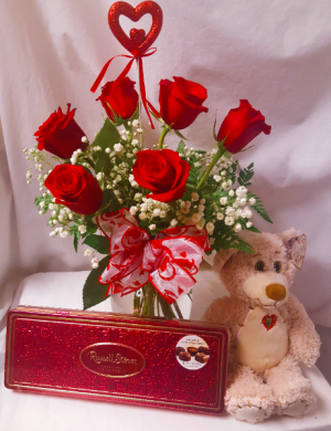 "BE MINE BOUQUET"...MOST FAVORITE! 6 RED  ROSES ARRANGED IN A VASE WITH HEART PIC, MEDIUM BEAR, AND BOX OF CHOCOLATES!