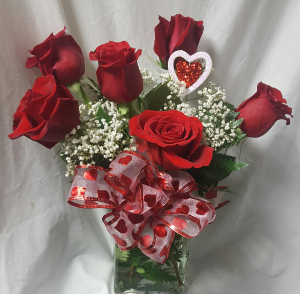  HEARTS AND ROSES Bouquet...6 RED ROSES with baby's breath,  a bow and a heart pic ALL ARRANGED IN A VASE! 