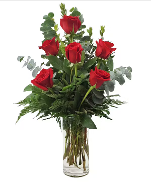 6 long stemmed red roses in vase Fresh Floral Arrangement