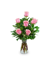6 Pink Roses in a Glass Vase roses
