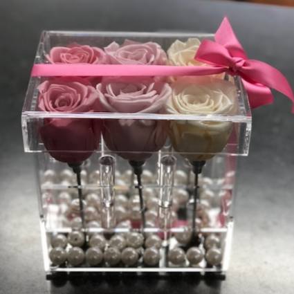 6 Preserved Roses in Acrylic Box with Pearls  