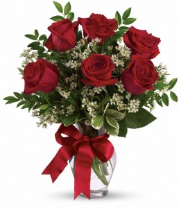 6 RED ROSES ARRANGED IN A VASE WITH WHITE or  PURPLE WAX FLOWERS or baby's breath AND BOW!