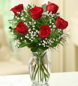 6 Red Roses Arranged in Clear Vase