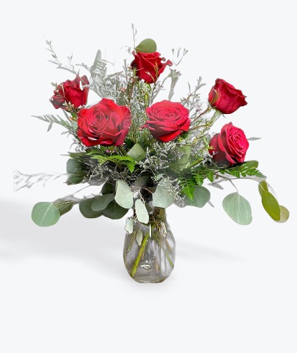 6 Red Roses in a vase Red Roses