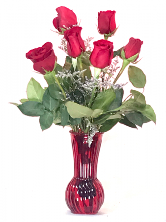 6 red roses red vase