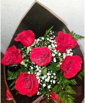 6 Red Roses Wrapped No Vase Bouquet