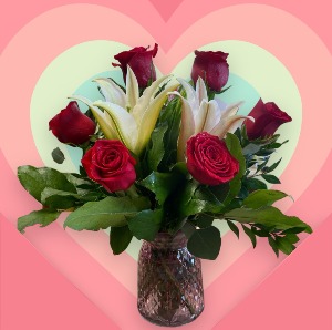 6 Rose Premium Vase Half Dozen Red Roses with Stargazer Lillies in Clearwater, FL | FLOWERAMA 6 Rose Premium Vase Half Dozen Red Roses with Stargazer Lillies in Clearwater, FL | FLOWERAMA