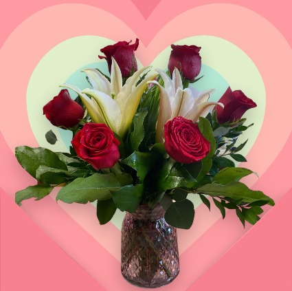 6 Rose Premium Vase  Half Dozen Red Roses with Stargazer Lillies 