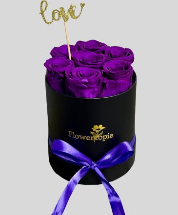 7 PRESERVED PURPLE ROSES IN A ROUND BOX Preserved Roses in Miami, FL | FLOWERTOPIA