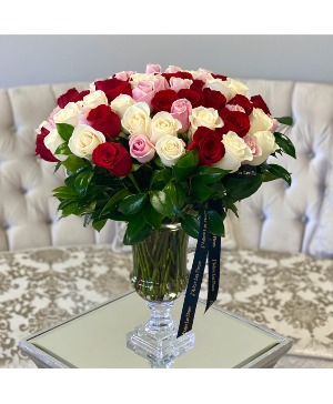 75 Multicolor rose in a luxury vase 