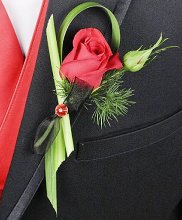 PUTTING ON THE RITZ RED Prom Boutonniere in Delray Beach, FL | Delray Beach Flower Market