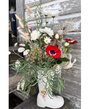 A "Boot"Que of Summer Flowers Fresh Arrangement