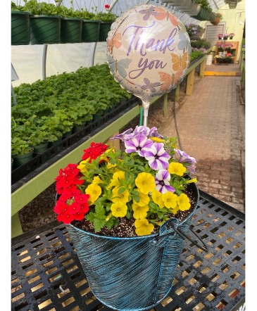 A Bucket Full of Love! Blooming Planter in Oakland, MD | GREEN ACRES FLOWER BASKET