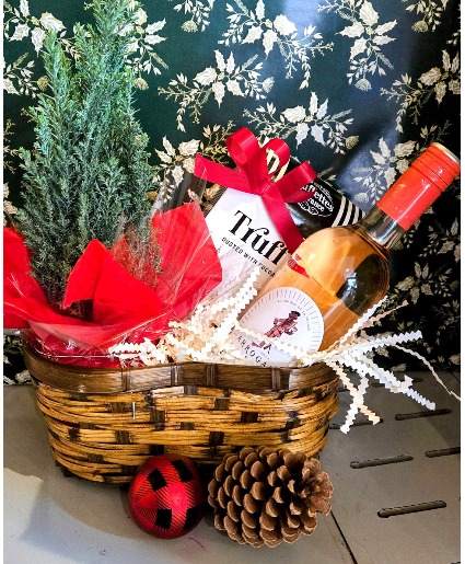 A CHRISTMAS GIFT Mini Cypress tree, wine & chocolates