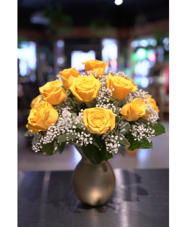 A Dozen Yellow Roses  Vased With Baby's Breath in South Milwaukee, WI | PARKWAY FLORAL INC.