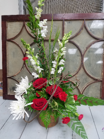 A Moment in Time Fresh red and white bouquet with vine