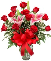 A Mother's Delight with Stargazer Lilies Dozen Rose Vase