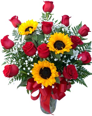 A Mother's Delight with Sunflowers Dozen Rose Vase
