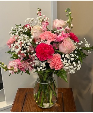 A Splash of Pink Arrangement in a glass vase