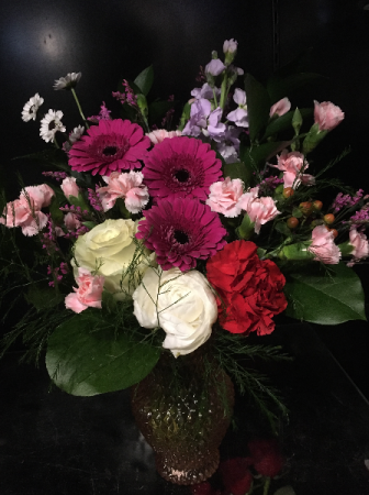 A Sweet Suprise Valentines Blooms in Petite Pink Cut Glass