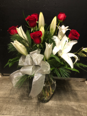 A Walk In The Pines Vased Arrangement of Lilies, Roses & Christmas Greens in Key West, FL | Petals & Vines A Walk In The Pines Vased Arrangement of Lilies, Roses & Christmas Greens in Key West, FL | Petals & Vines