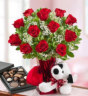 Abundant Love Bouquet Roses, Bear & Chocolates
