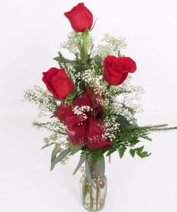 3 Red Roses in a vase with filler and bow!!