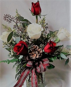 3 WHITE ROSES AND 3 RED ROSES ARRANGED IN A CUBE VASE WITH CHRISTMAS GREENS, CHRISTMAS BOW AND PINECONE.