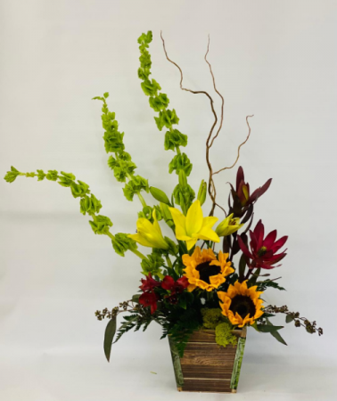 Adirondack Blooms Wood box arrangement 
