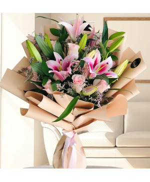 Admiration   Lilies & Roses  WRAPPED BOUQUE 