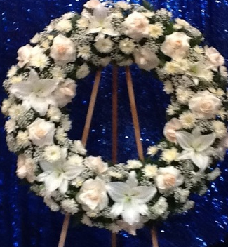 SERENITY AIRY WHITE WREATH STAND WREATH FOR A SERVICE/MEMORIAL in La  Mirada, CA - Funeral Flowers For Less