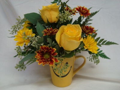 Happy face mug with yellow roses and fall flowers! 