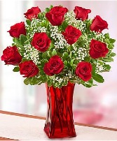 All dressed 12 red roses in vase (clear vase) 